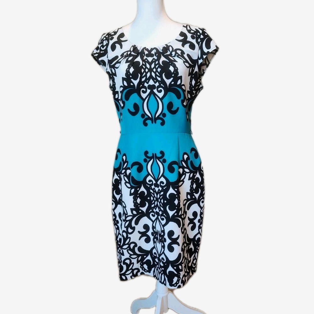 Shelby & Palmer Sheath Dress Womens 10 Teal Black Stretch‎ Career Casual Church